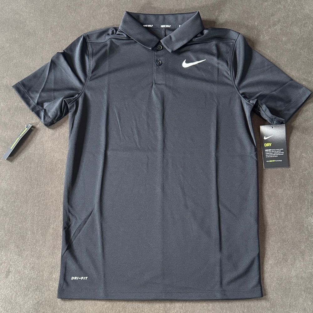 Nike Boys Black Golf Polo Shirt Standard Fit Short Sleeve Dri-Fit Size L NWT